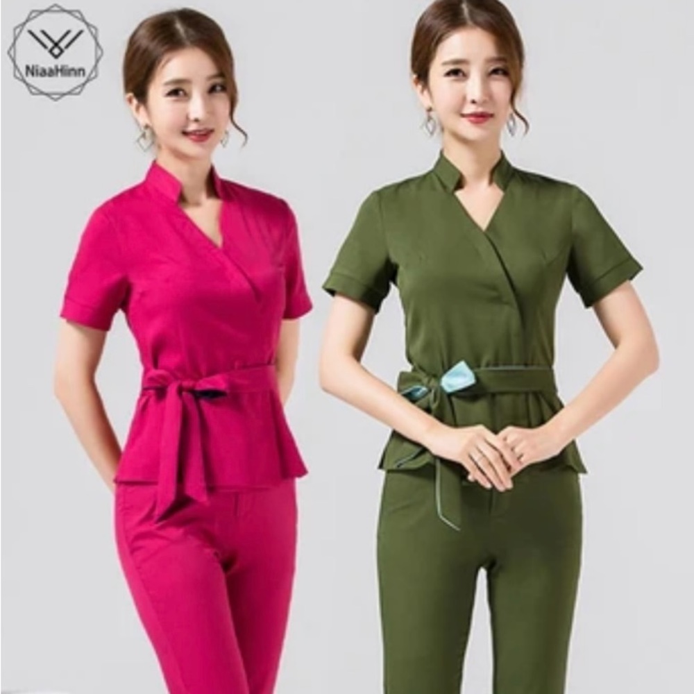 Pink Asian Style 2 piece short sleeve scrub suit Asian Size XL, USA size medium